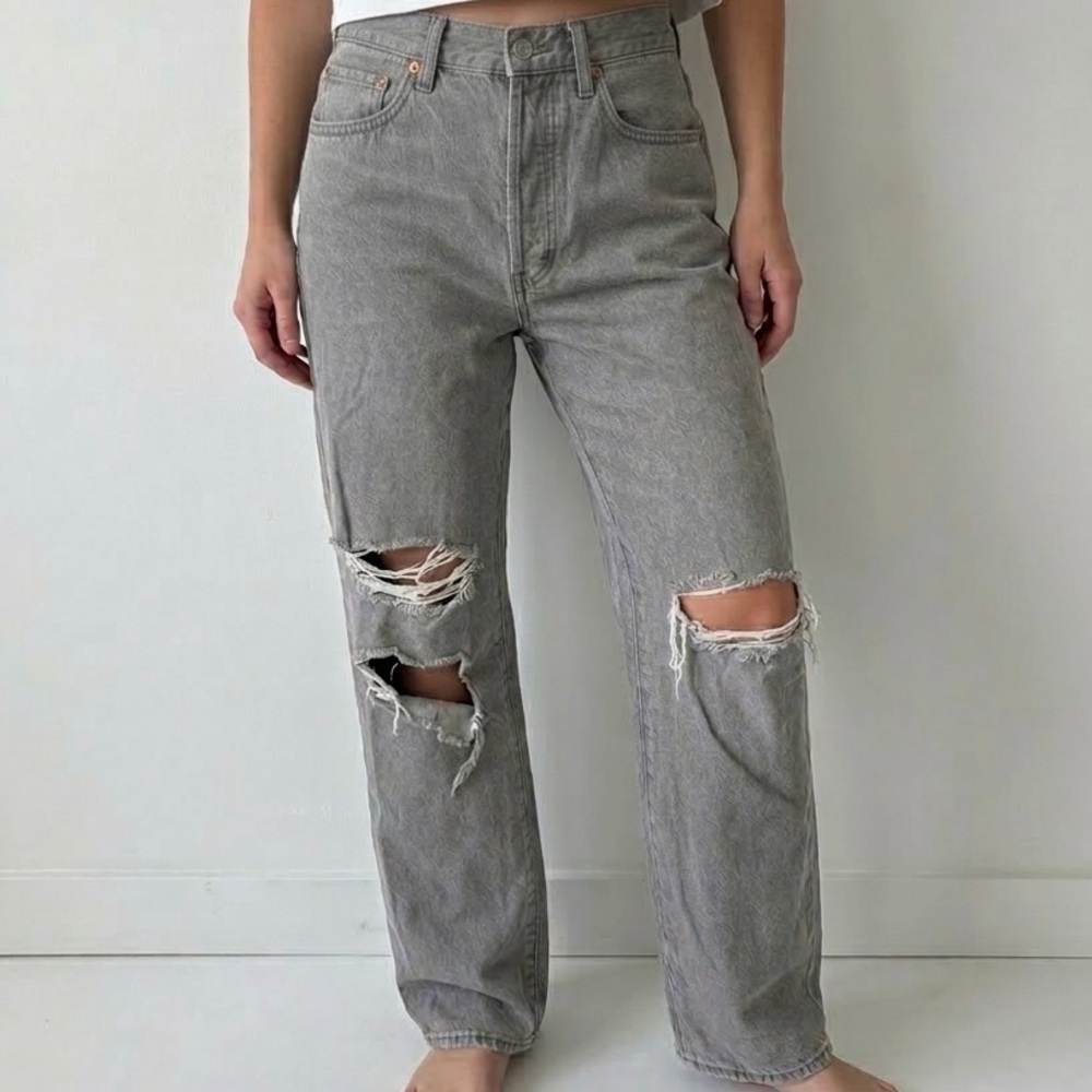 S.O.N.G. Cotton Distressed Gray High-Rise Wide-Leg Boyfriend Jeans 3/26 Grunge